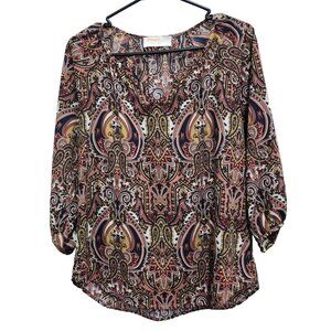 Renee C Womens BOHO Blouse Top Small Multi Paisley Balloon Sleeve Cottagecore